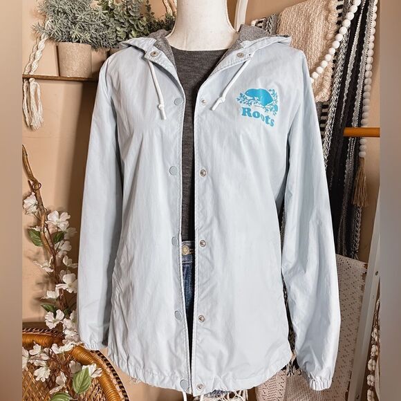 Roots Canada Baby Blue Snap Button Hooded Windbreaker Rain Jacket - Picture 12 of 12